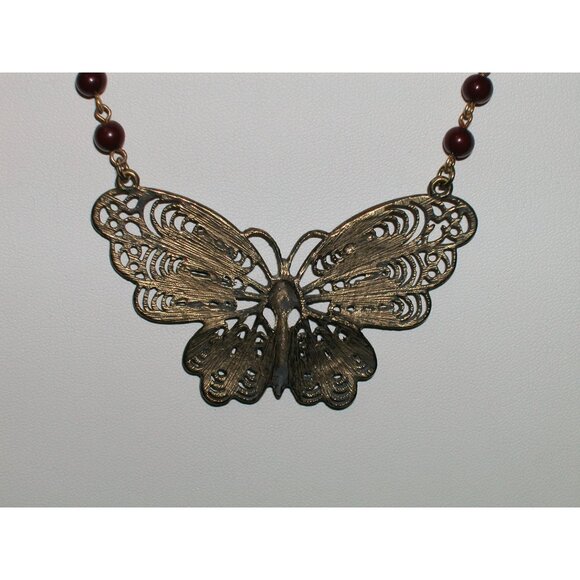 Vintage Filigree Butterfly Pendant Necklace With Brown Bead Chain - Picture 2 of 6